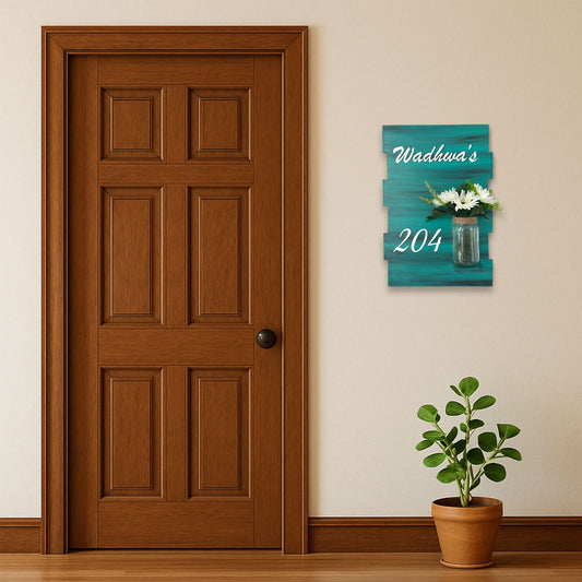 Teal Hand-Painted Wooden Name Plate With Jar For Home - Design 1