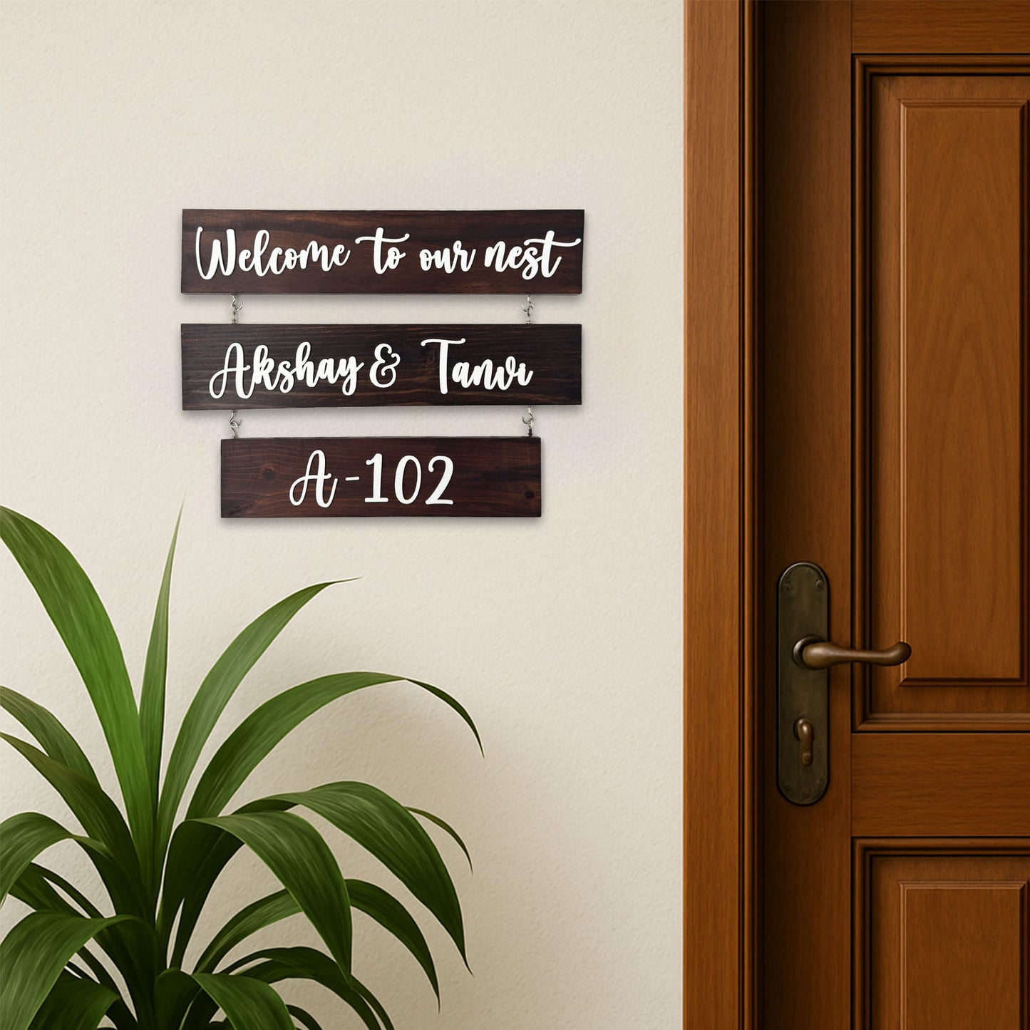Three Plank Hand-Painted Wooden Name Plate For Home - Wooden Finish