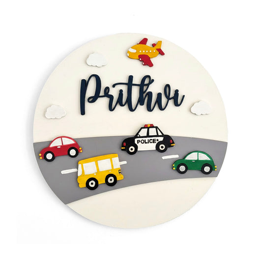 Vehicles Themed Hand-Painted Wooden Roumd Kids Name Plate - Design 1