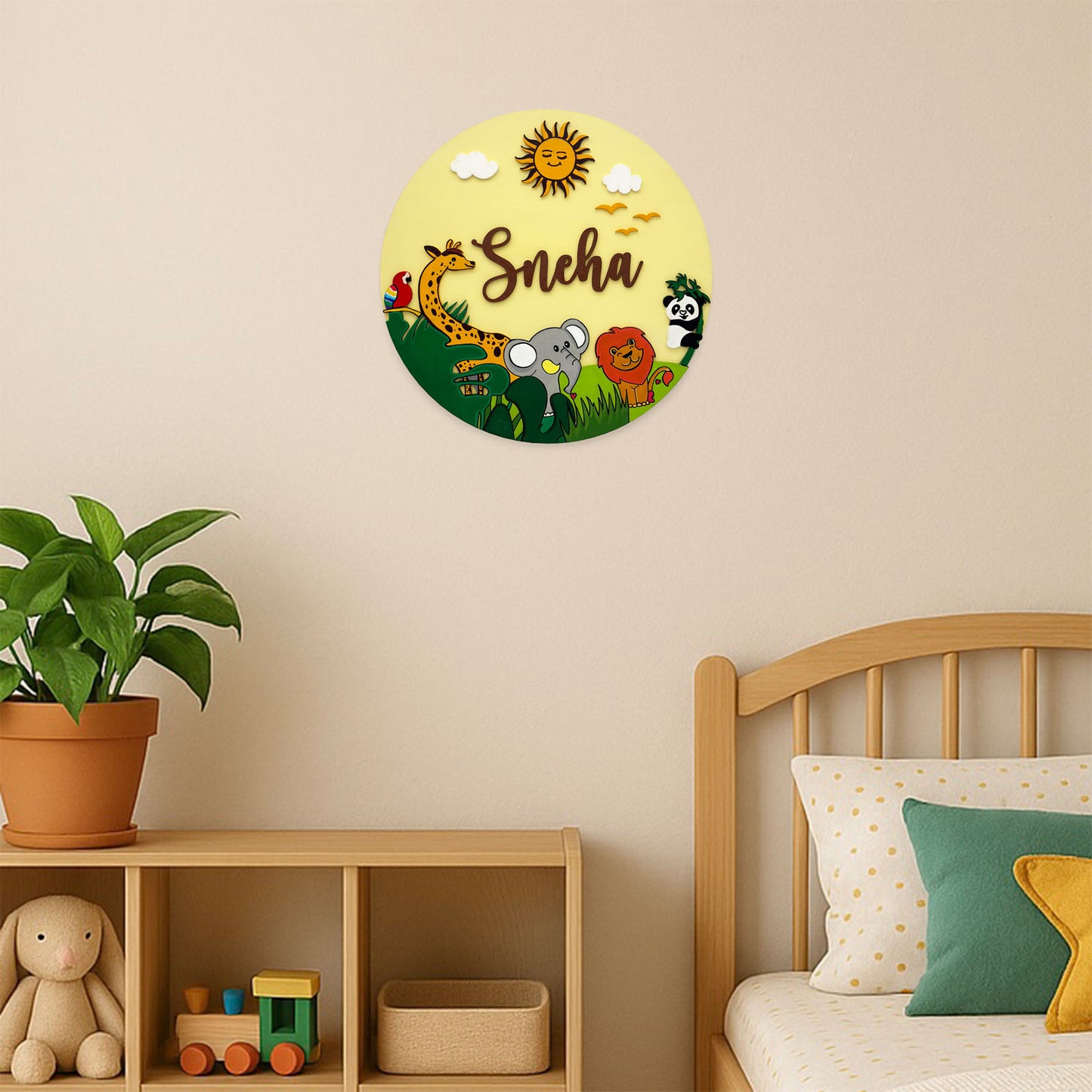 Animal Themed Hand-Painted Wooden Round Kids Name Plate - Design 3