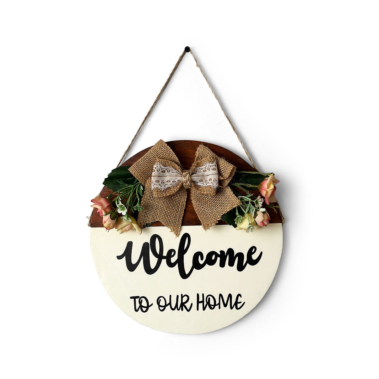 Welcome To Our Home Hand-Painted Wooden Door Hanger With Pink Flowers