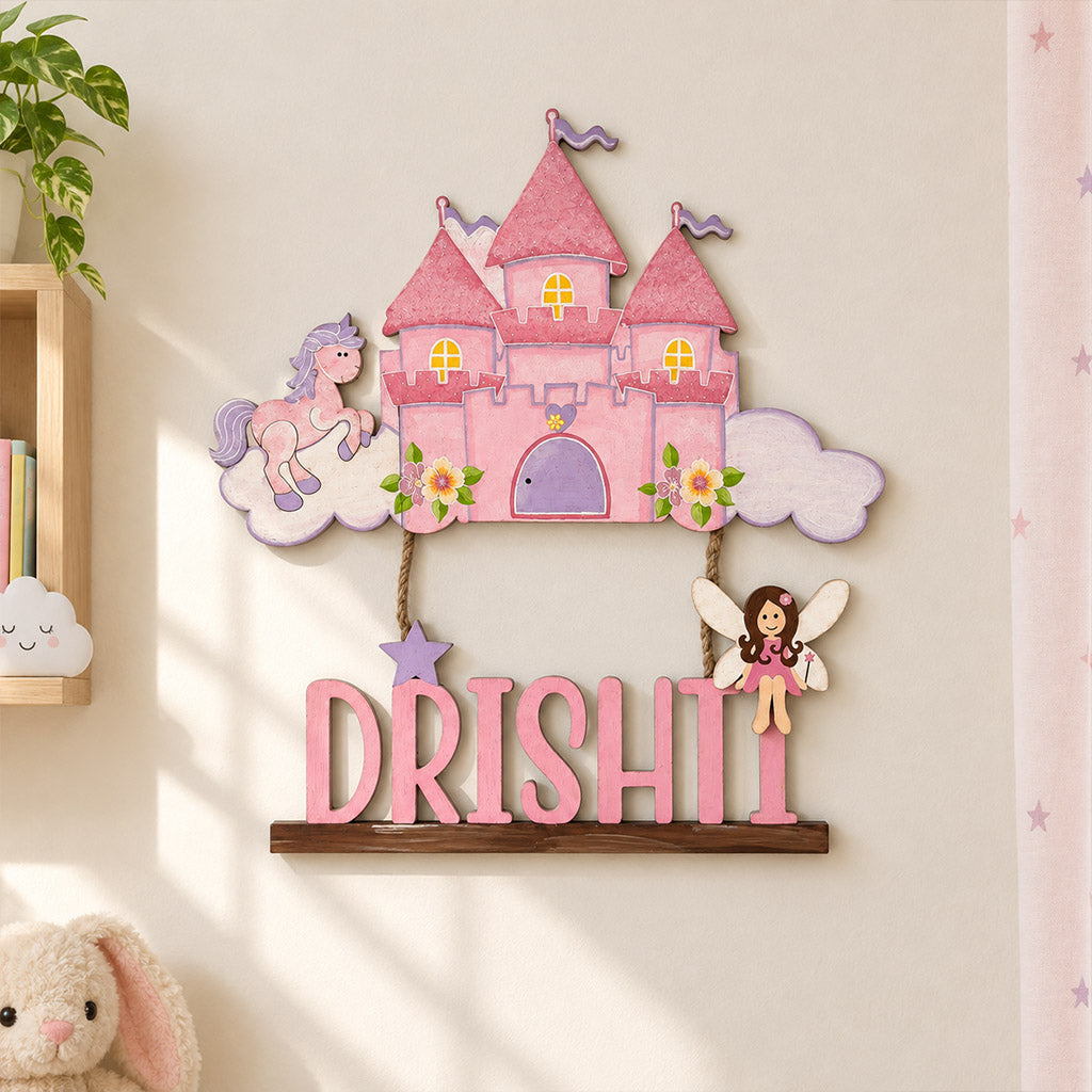 Princess Castle Themed  Hand-Painted Wooden Kids Name Plate - Design 1