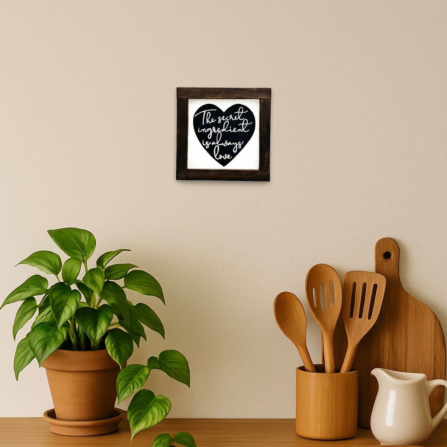 The Secret Ingredient Is Always Love  Hand-Painted Wooden Kitchen Wall Frame