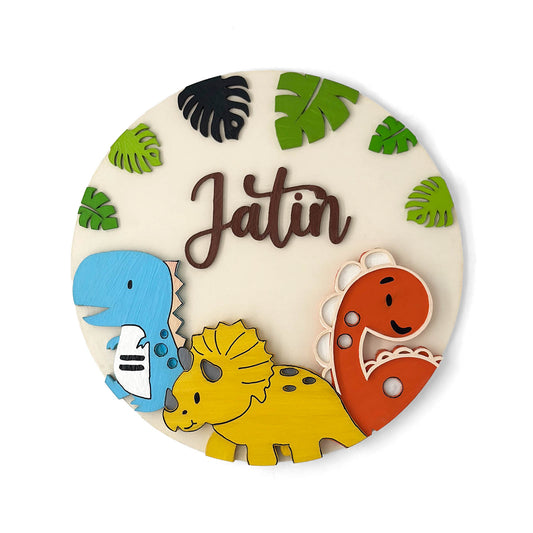 Dinosaur Themed Hand-Painted Wooden Round Kids Name Plate - Design 2