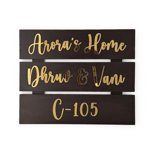 Hand-Painted Wooden Three Plank Name Plate For Home - Dark Brown