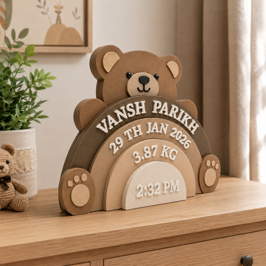 Teddy Bear Themed Hand-Painted Wooden Personalised Baby Birth Details Name Plate