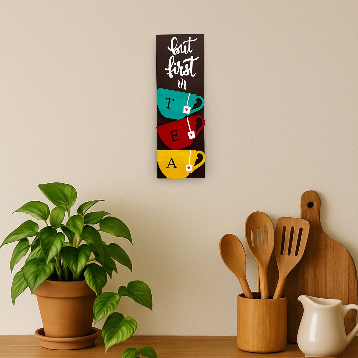 But First TEA Hand-Painted Wooden Kitchen Wall Hanging