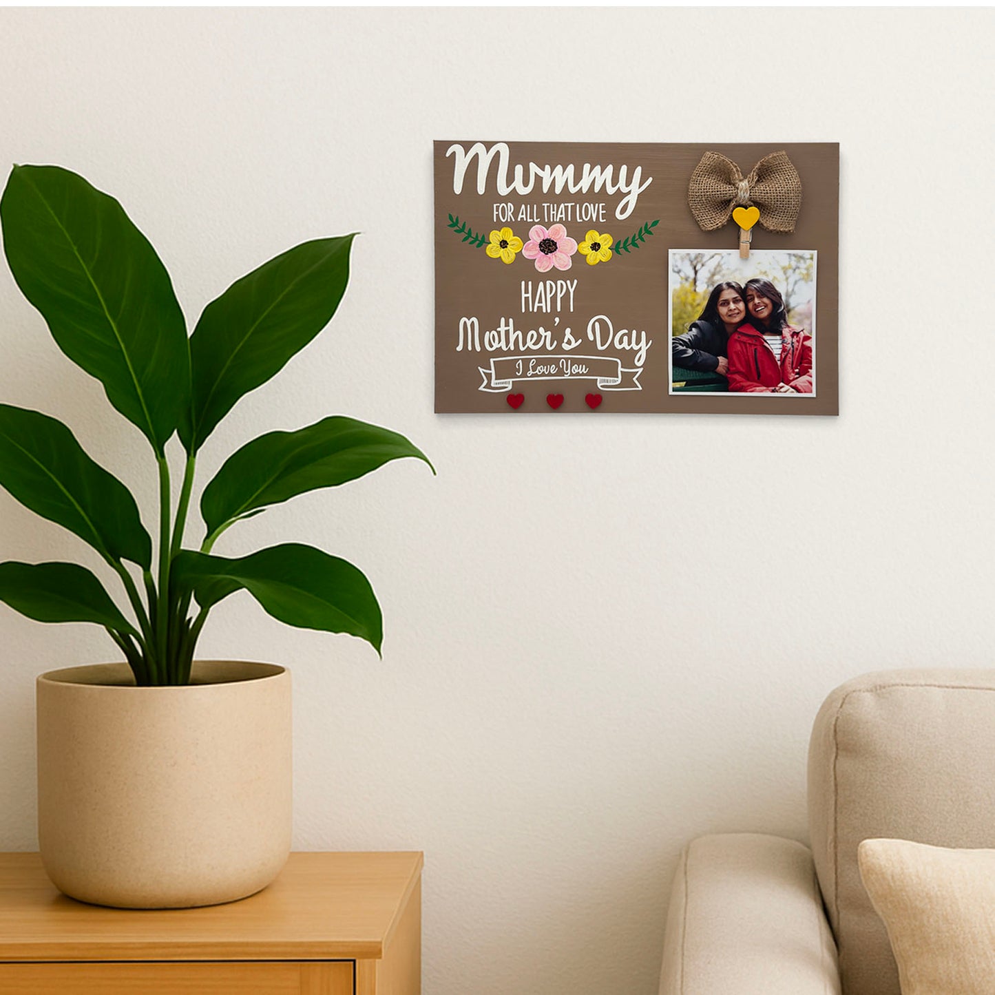 Mother's Day Hand-Painted Wooden Photo Holder - Light Brown
