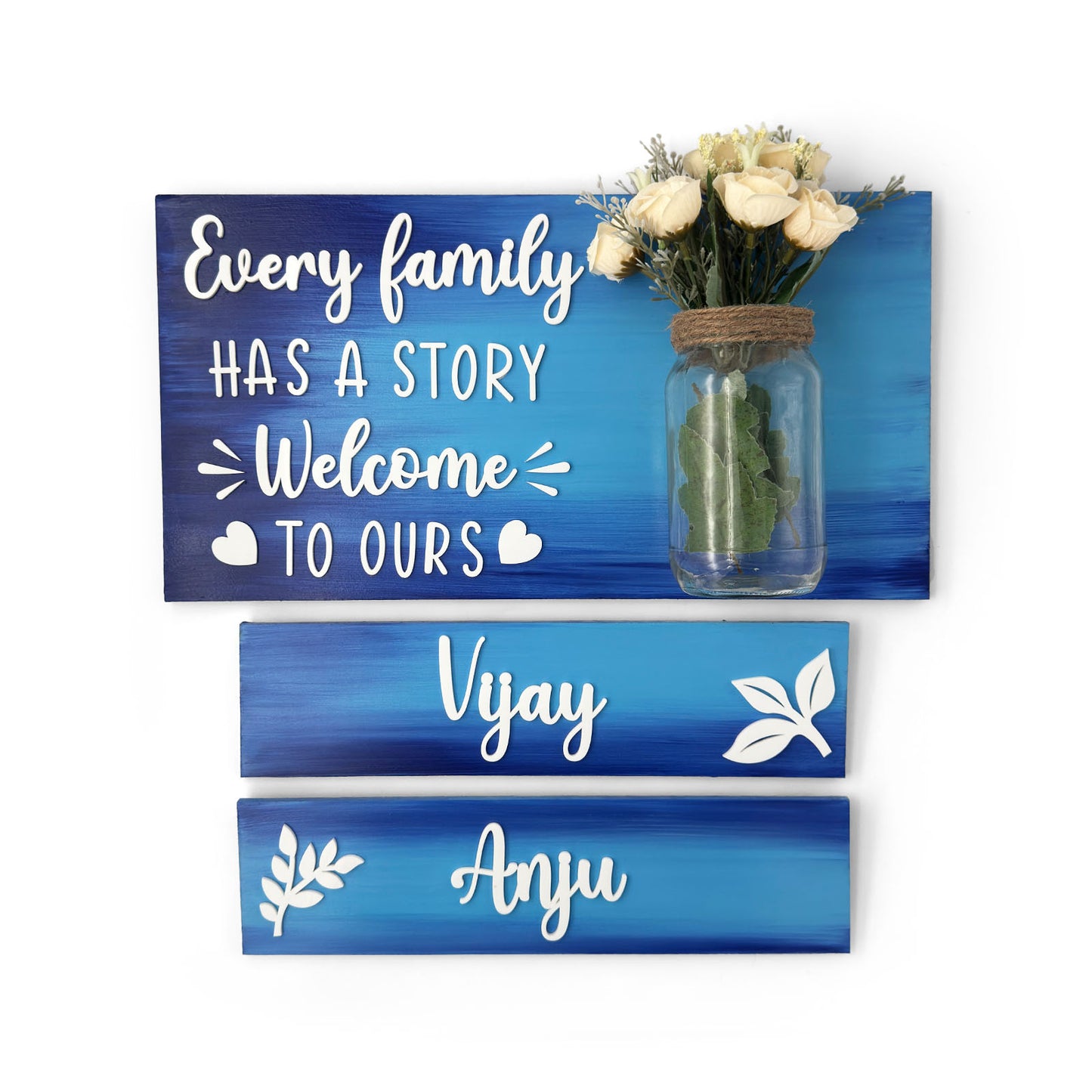 Every Family Has A Story Welcome To Ours Hand-Painted Wooden Name Plate With Jar For Home - Jar Board & Two Planks