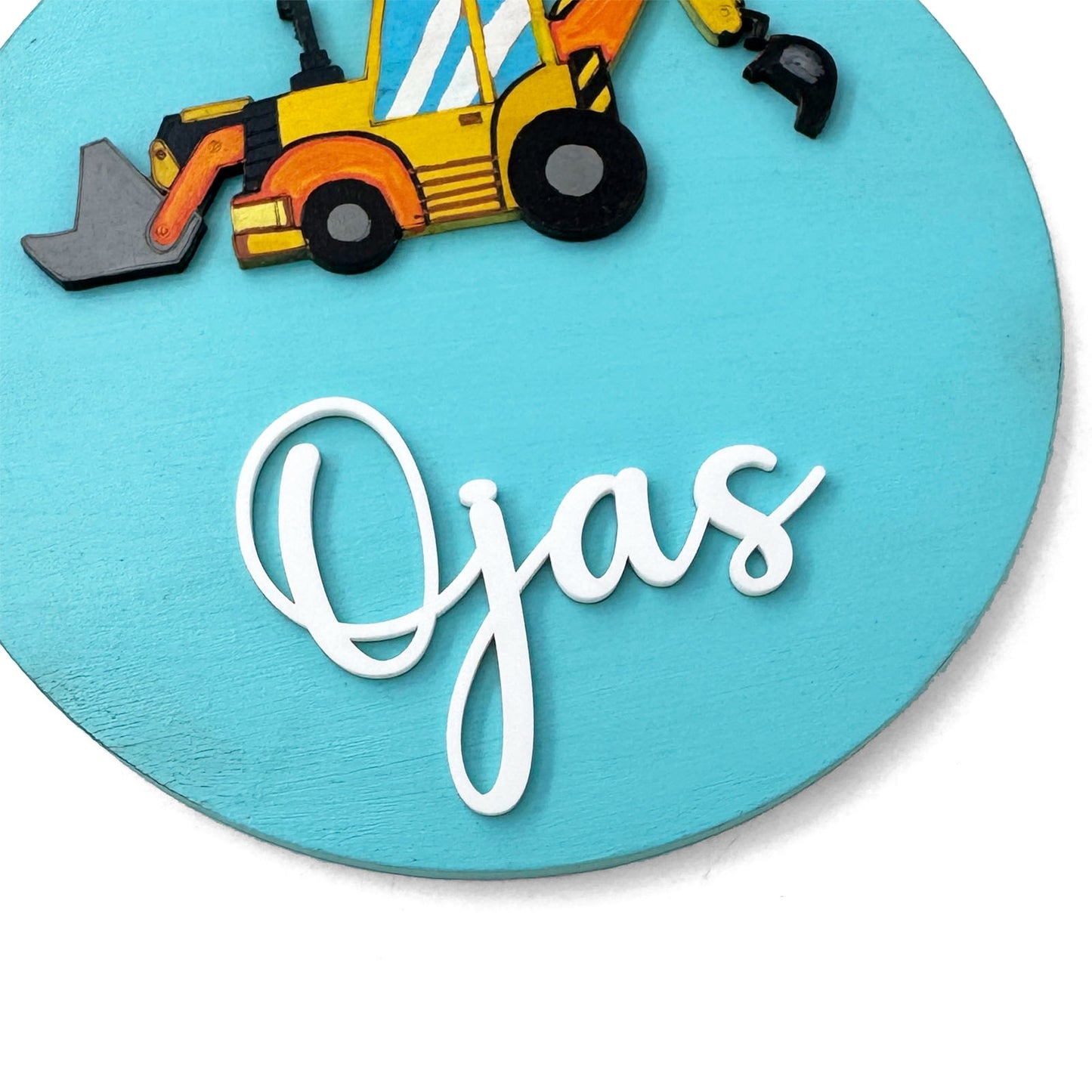 Backhoe Loader Excavator Themed Hand-Painted Wooden Name Plate For Kids