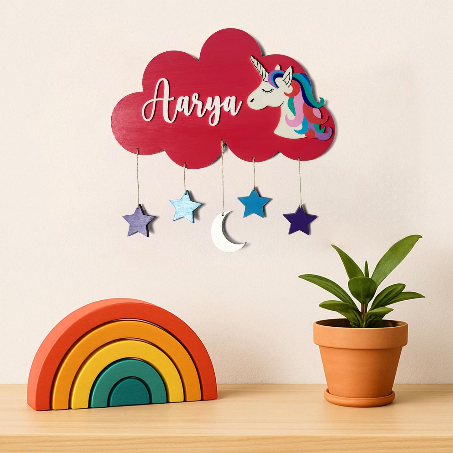 Cloud & Unicorn Themed Hand-Painted Wooden Kids Name Plate