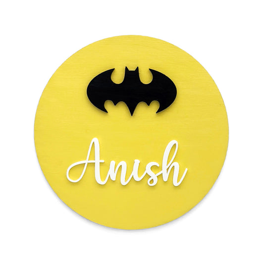 Batman Themed Hand-Painted Wooden Mini Kids Name Plate