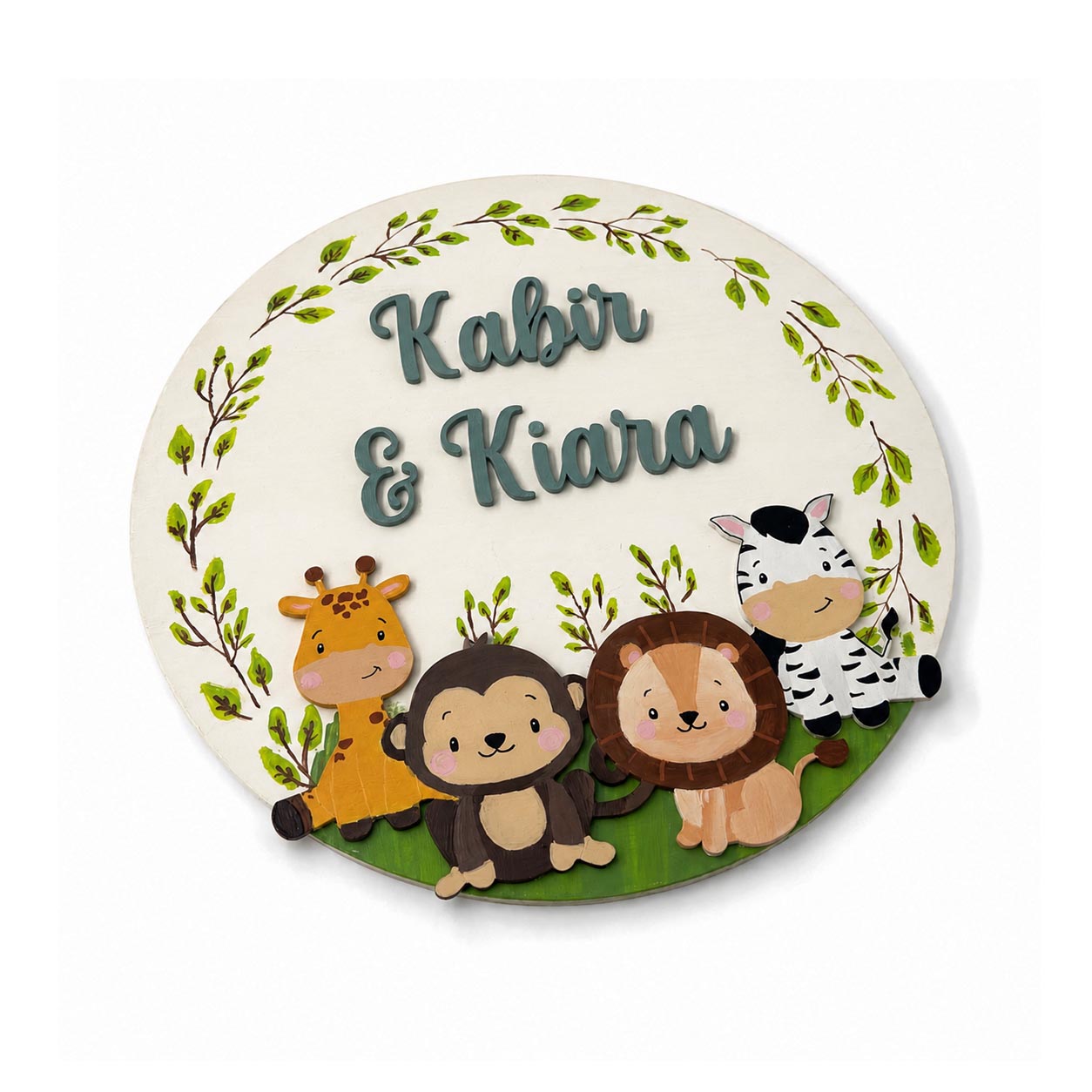 Animal Themed Hand-Painted Wooden Round Kids Name Plate - Design 7