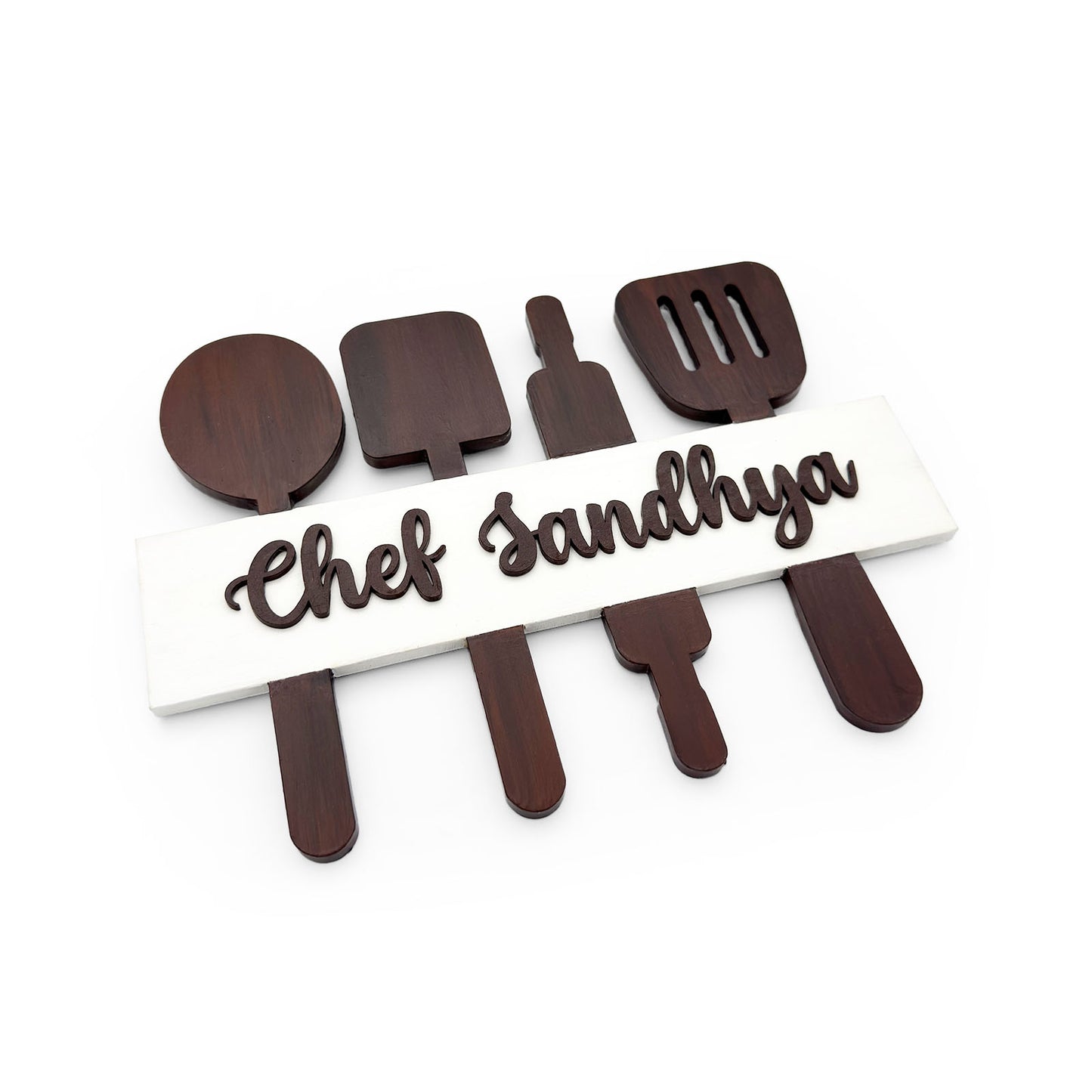 Personalised Name Hand-Painted Wooden Utensil Board Kitchen Wall Hanging - Brown