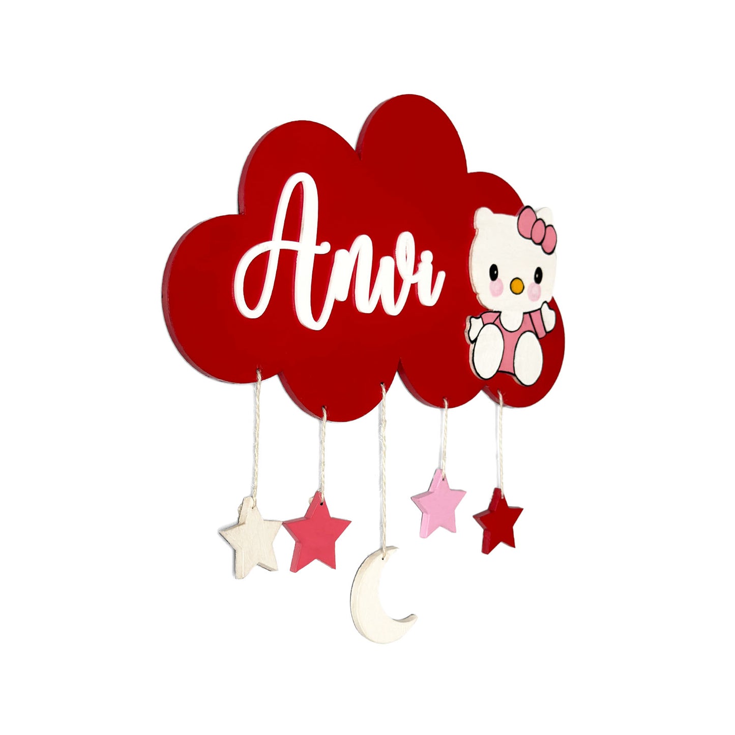 Cloud & Hello Kitty Themed Hand-Painted Wooden Kids Name Plate