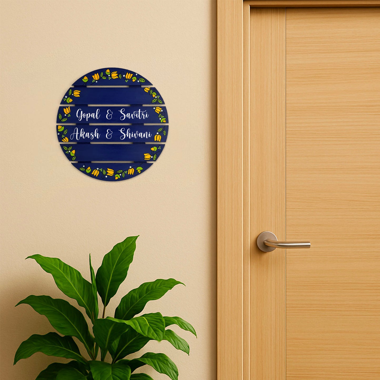 Lotus Bud Artwork Hand-Painted Wooden Madhubani Round Name Plate For Home