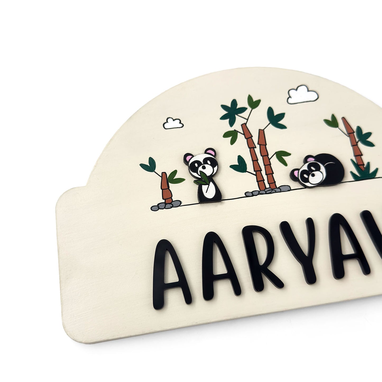 Panda Themed Hand-Painted Wooden Arch-Shaped Kids Name Plate
