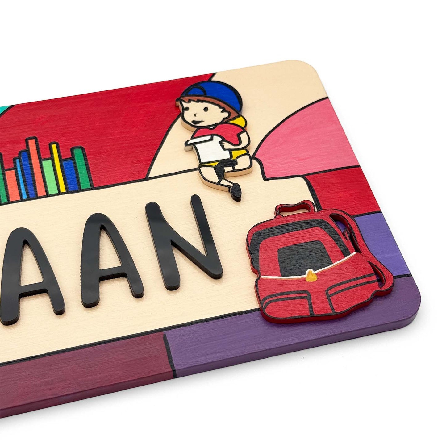 Boy Reading Book Hand-Painted Wooden Kids Name Plate
