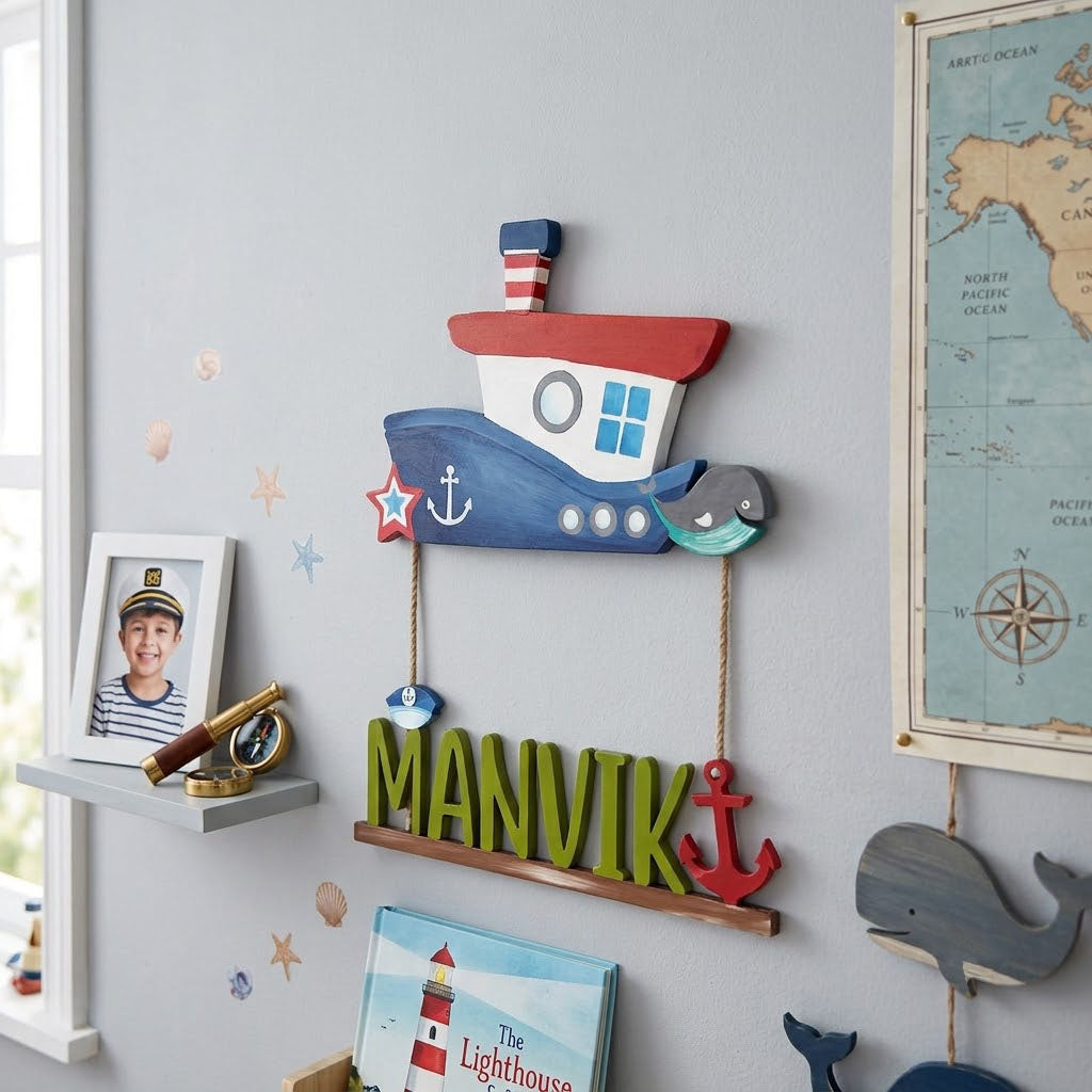 Ship Themed Hand-Painted Wooden Kids Name Plate - Design 1