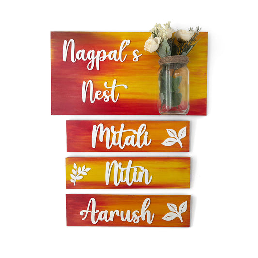 Hand-Painted Wooden Name Plate With Jar For Home - Jar Board & Three Planks