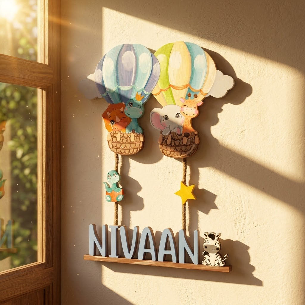 Animal and Dinosaur Themed  Hand-Painted Wooden Kids Name Plate - Design 2