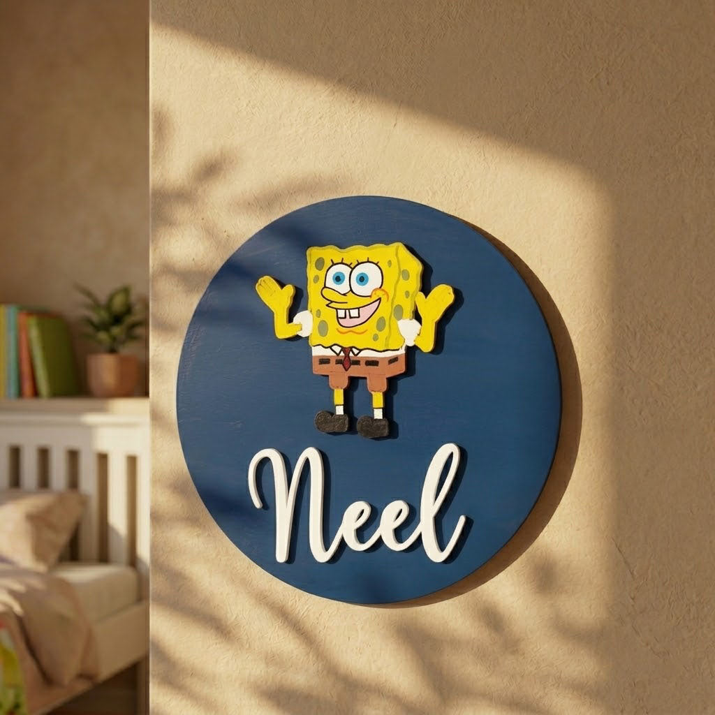 SpongeBob SquarePants Themed Hand-Painted Wooden Name Plate For Kids