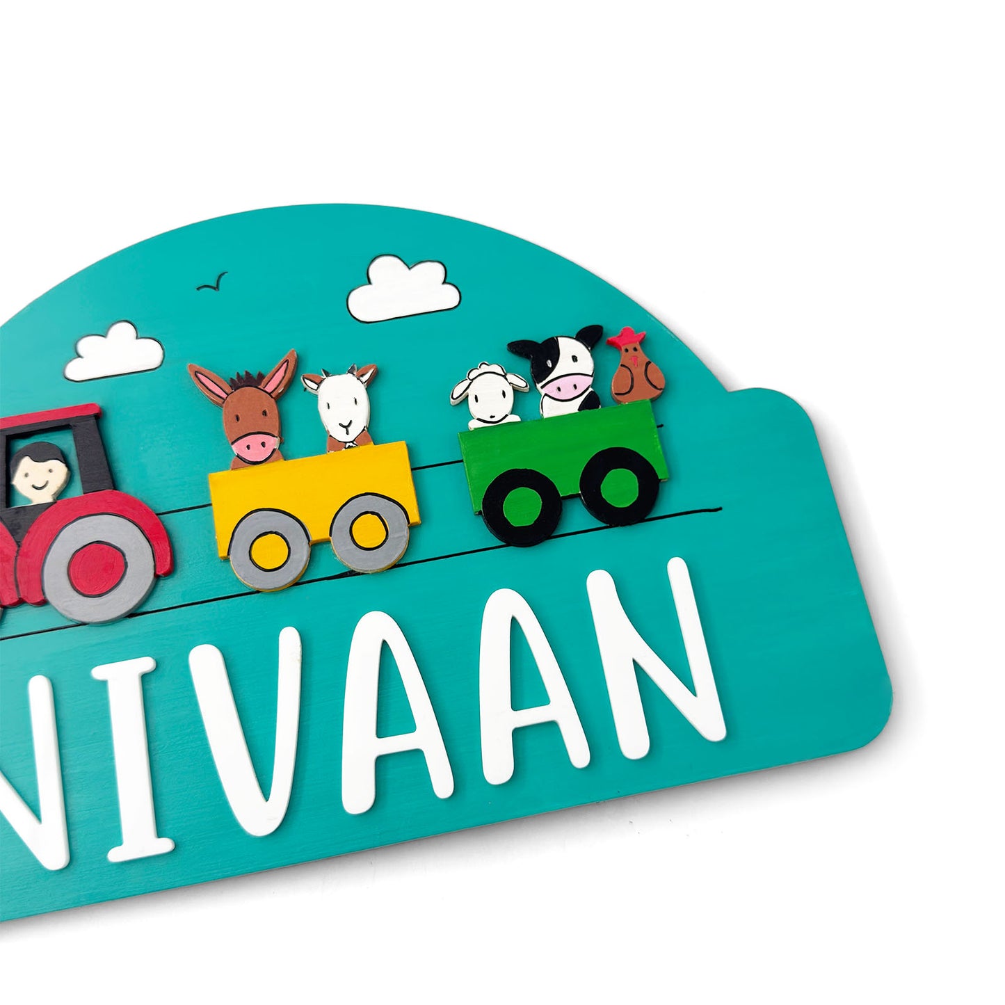 Farm Animals Themed Hand-Painted Wooden Arch-Shaped Kids Name Plate