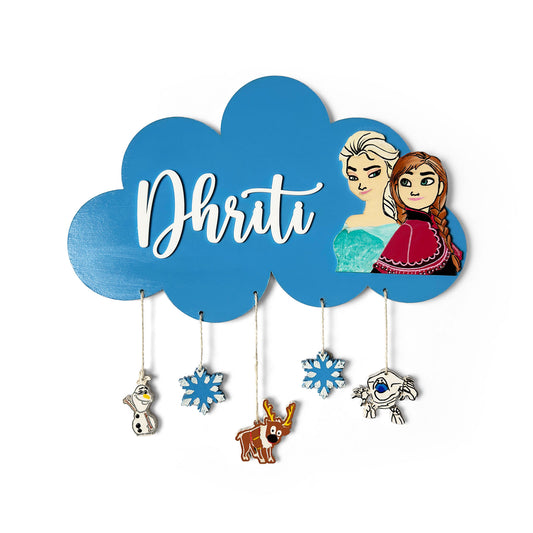 Cloud & Frozen Themed Hand-Painted Wooden Kids Name Plate