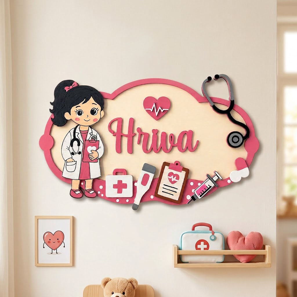 Girl Doctor Themed Hand-Painted Wooden Kids Name Plate - Design 1