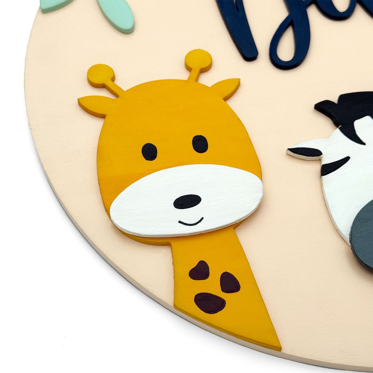 Animal Themed Hand-Painted Wooden Round Kids Name Plate - Design 1