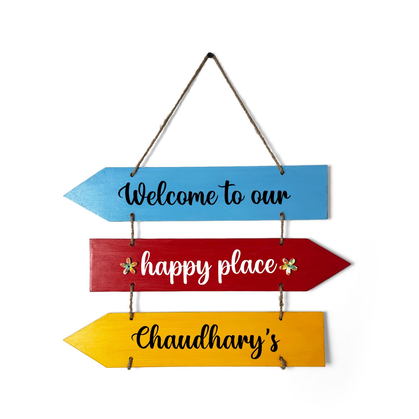 Welcome To Our Happy Place Hand-Painted Wooden Arrow Plank Name Plate For Home - Three Planks