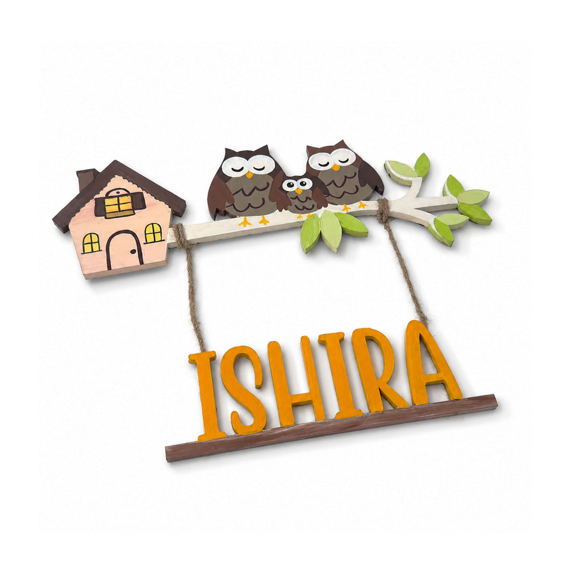 Owl Themed Hand-Painted Wooden Kids Name Plate - Design 2