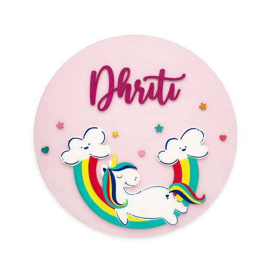 Unicorn Themed Hand-Painted Wooden Round Kids Name Plate - Design 2