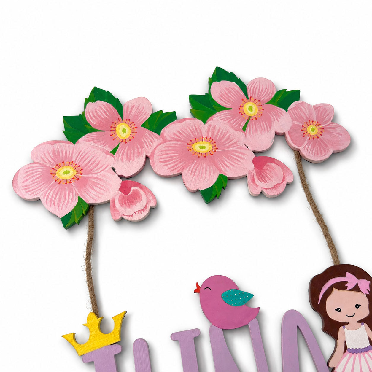 Flower Themed Hand-Painted Wooden Kids Name Plate - Design 1