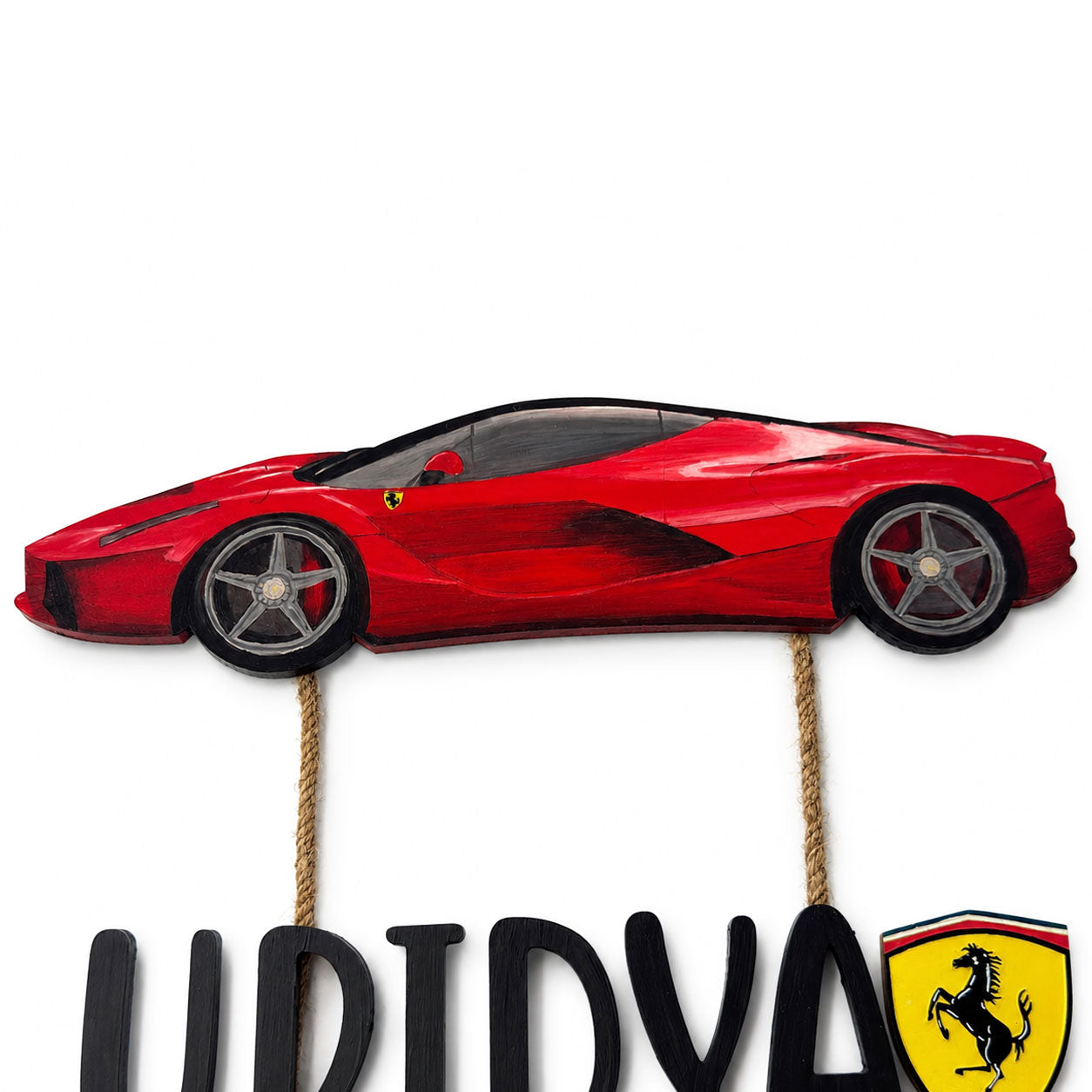 Ferrari Car Themed Hand-Painted Wooden Kids Name Plate - Design 1