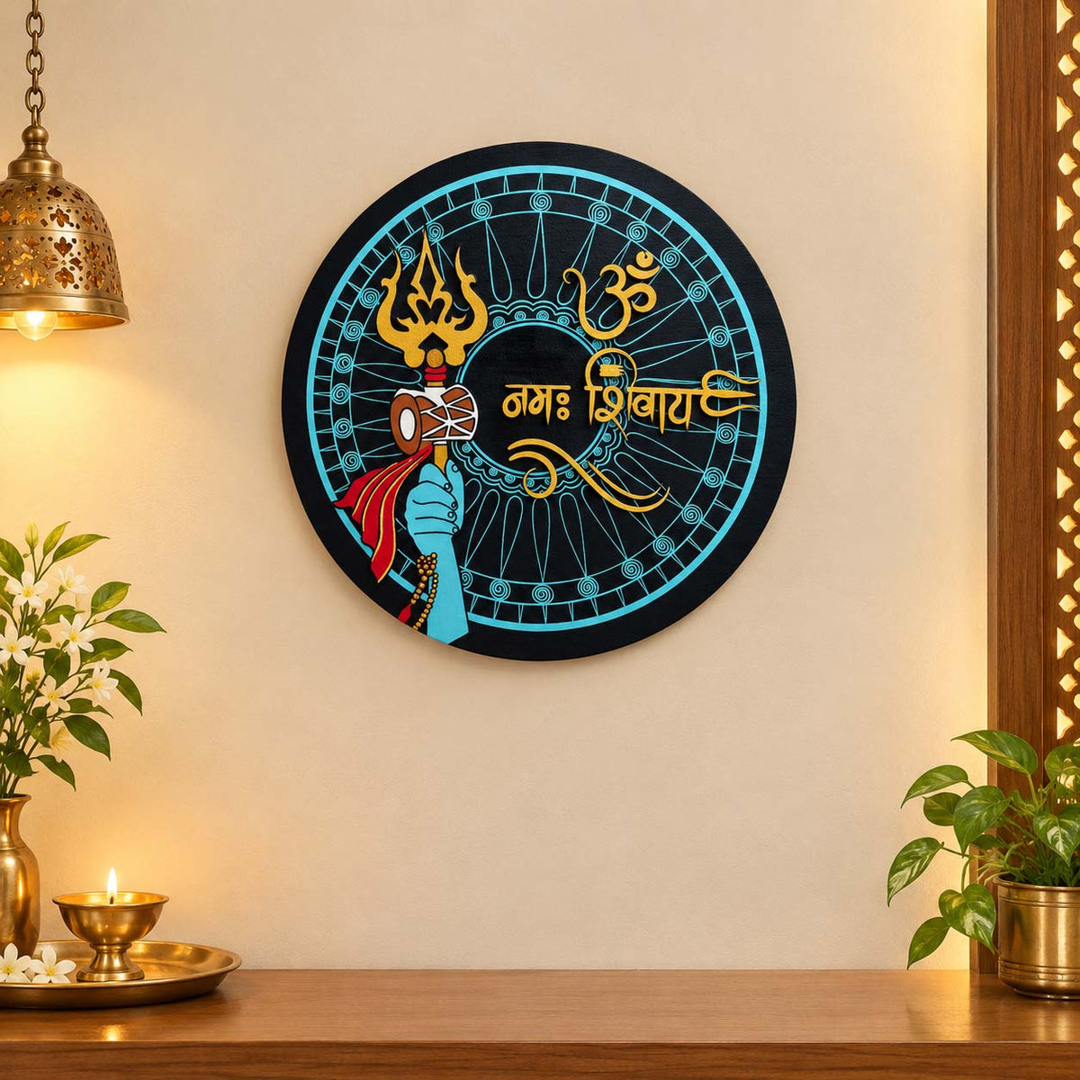 Om Namah Shivaya Hand-Painted Wooden Round Wall Hanging With Shiva Trishul - Blue