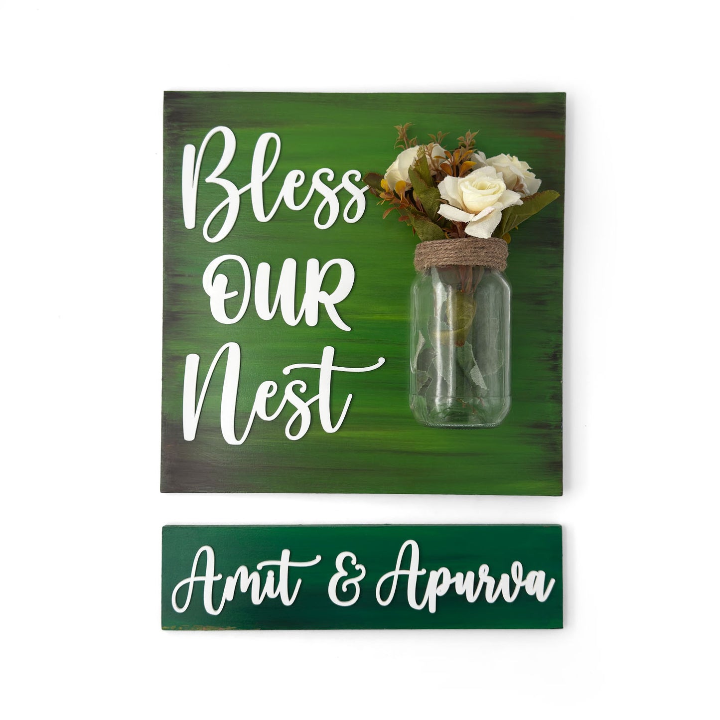 Green Hand-Painted Wooden Name Plate With Jar For Home - Jar Board & One Plank