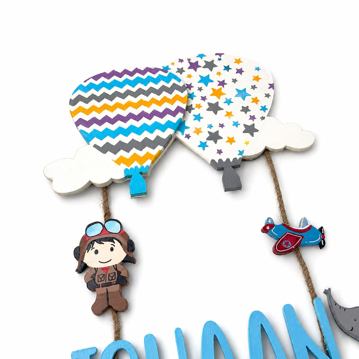 Hot Air Balloon Themed Hand-Painted Wooden Kids Name Plate - Design 3