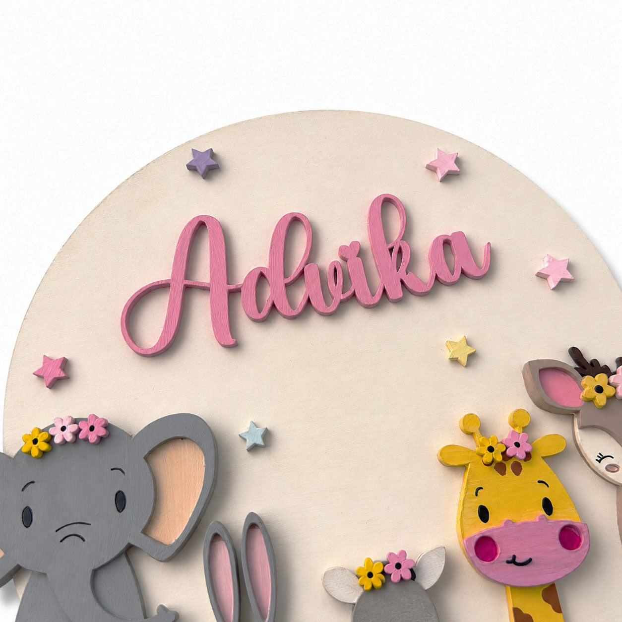 Animal Themed Hand-Painted Wooden Round Kids Name Plate - Design 9