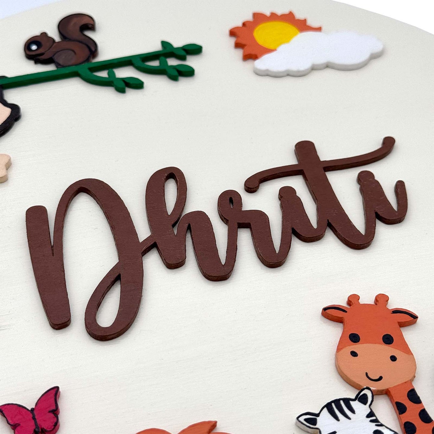 Animal Themed Hand-Painted Wooden Round Kids Name Plate - Design 4