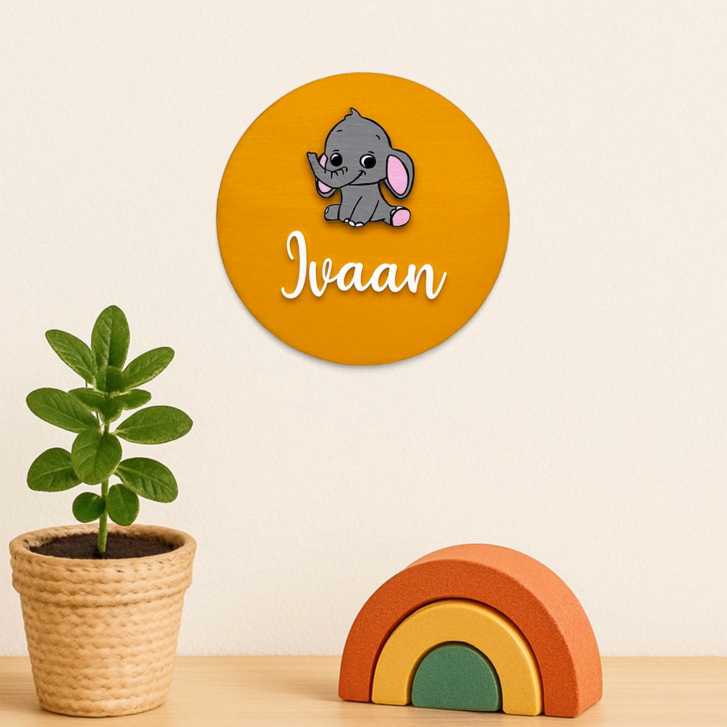 Elephant Themed Hand-Painted Wooden Mini Kids Name Plate