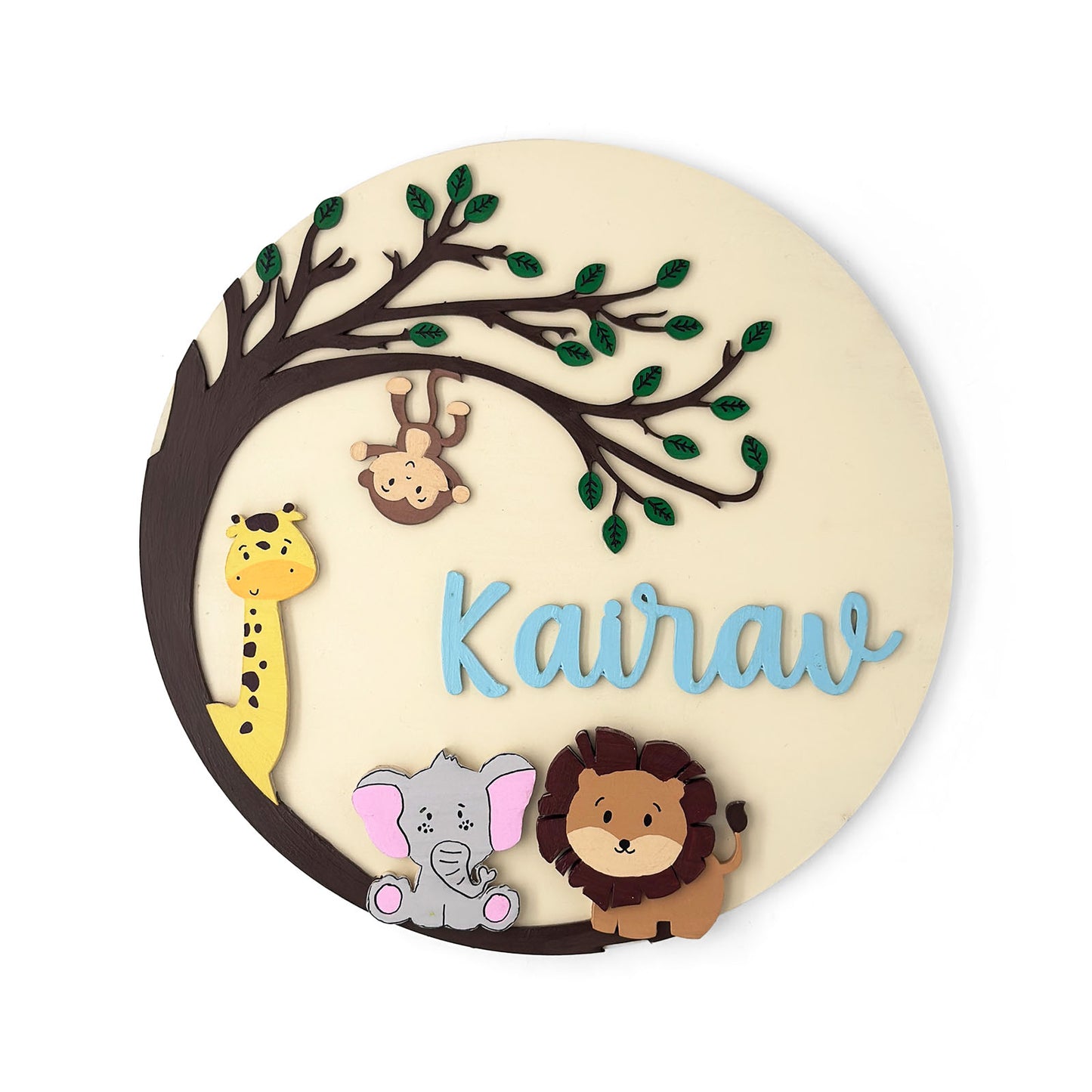 Animal Themed Hand-Painted Wooden Round Kids Name Plate - Design 8