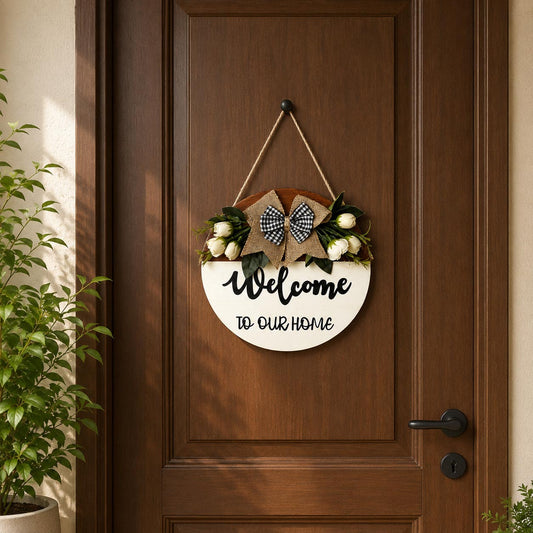 Welcome To Our Home Hand-Painted Wooden Door Hanger With White Flowers