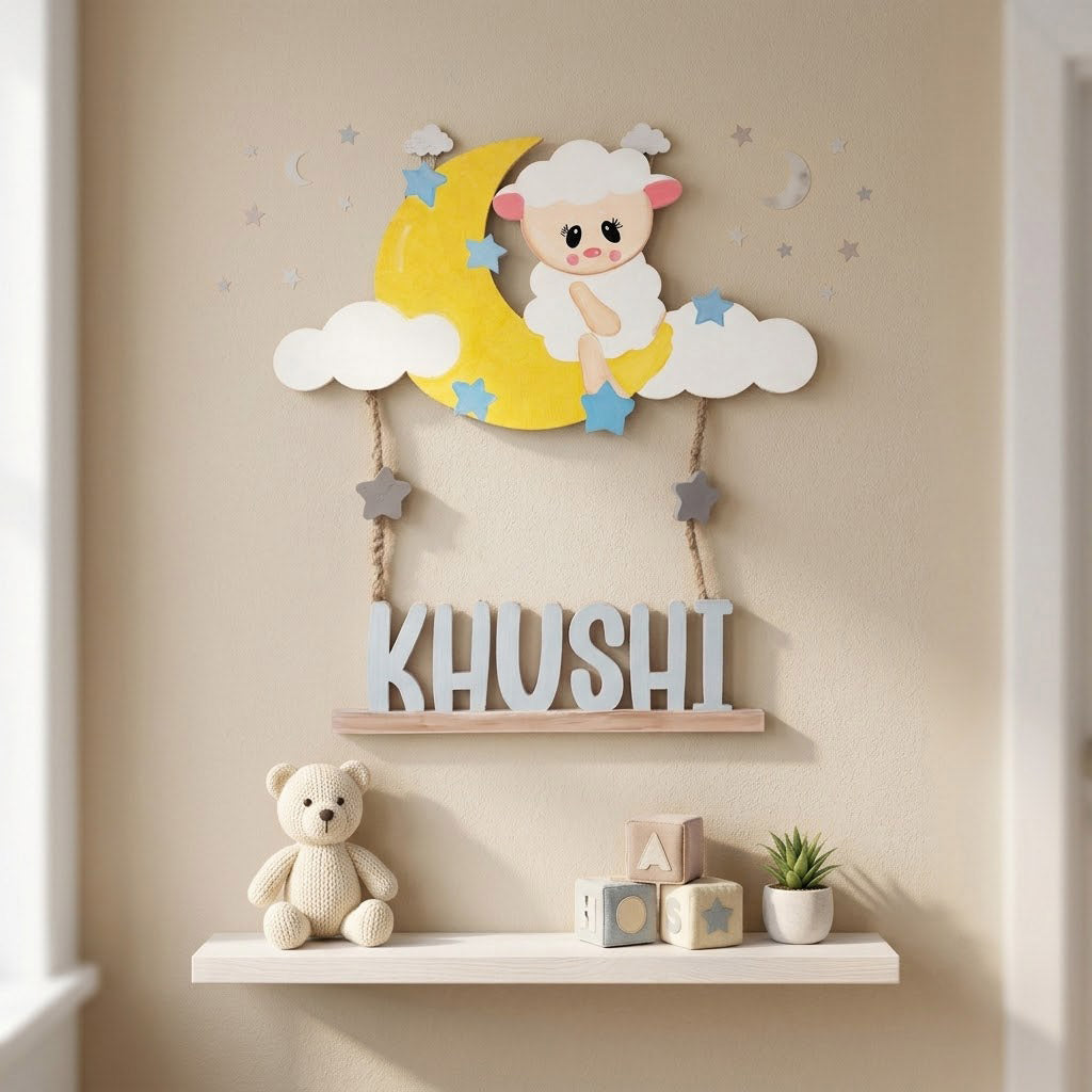 Sheep Themed Hand-Painted Wooden Kids Name Plate - Design 1