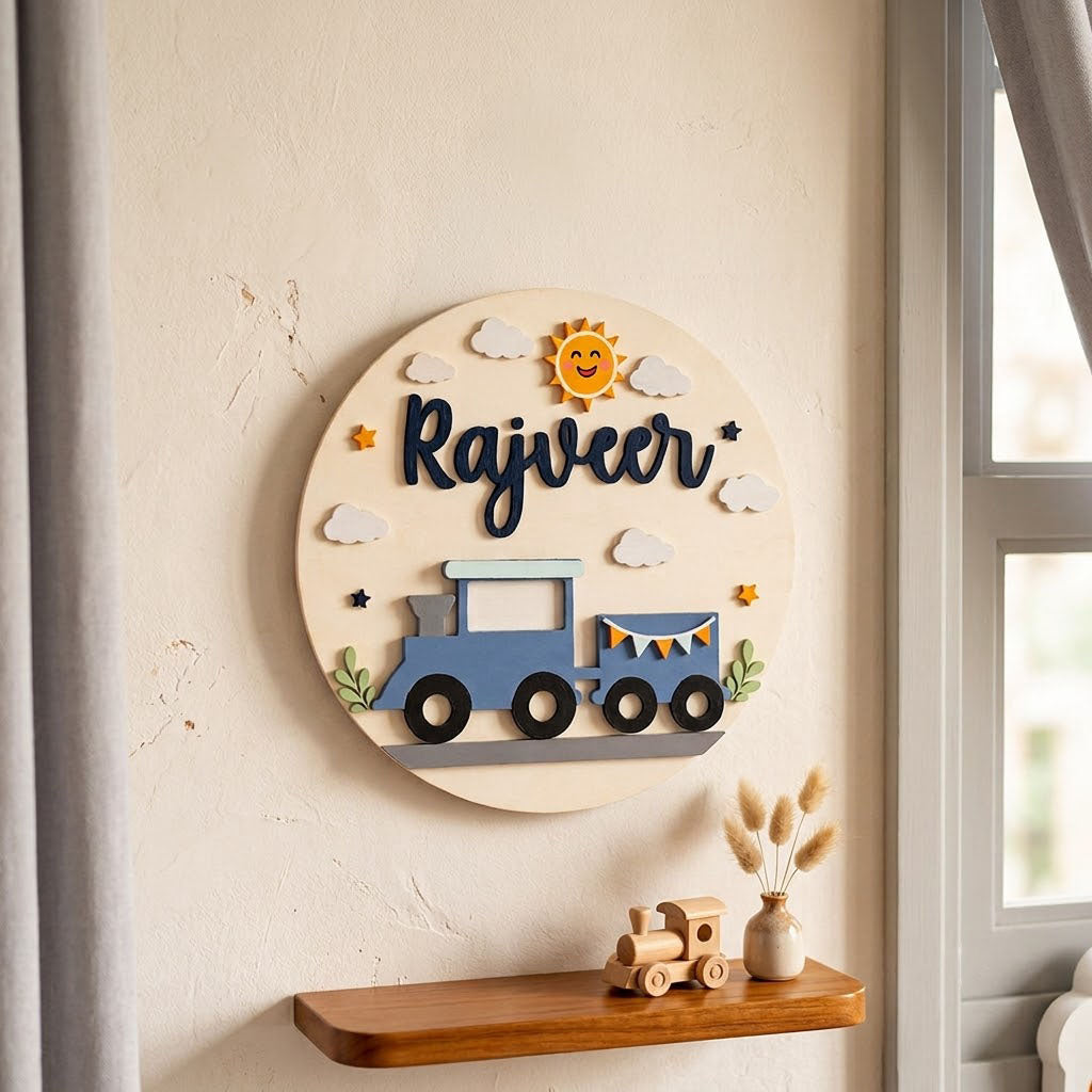 Train Themed Hand-Painted Wooden Round Kids Name Plate - Design 1