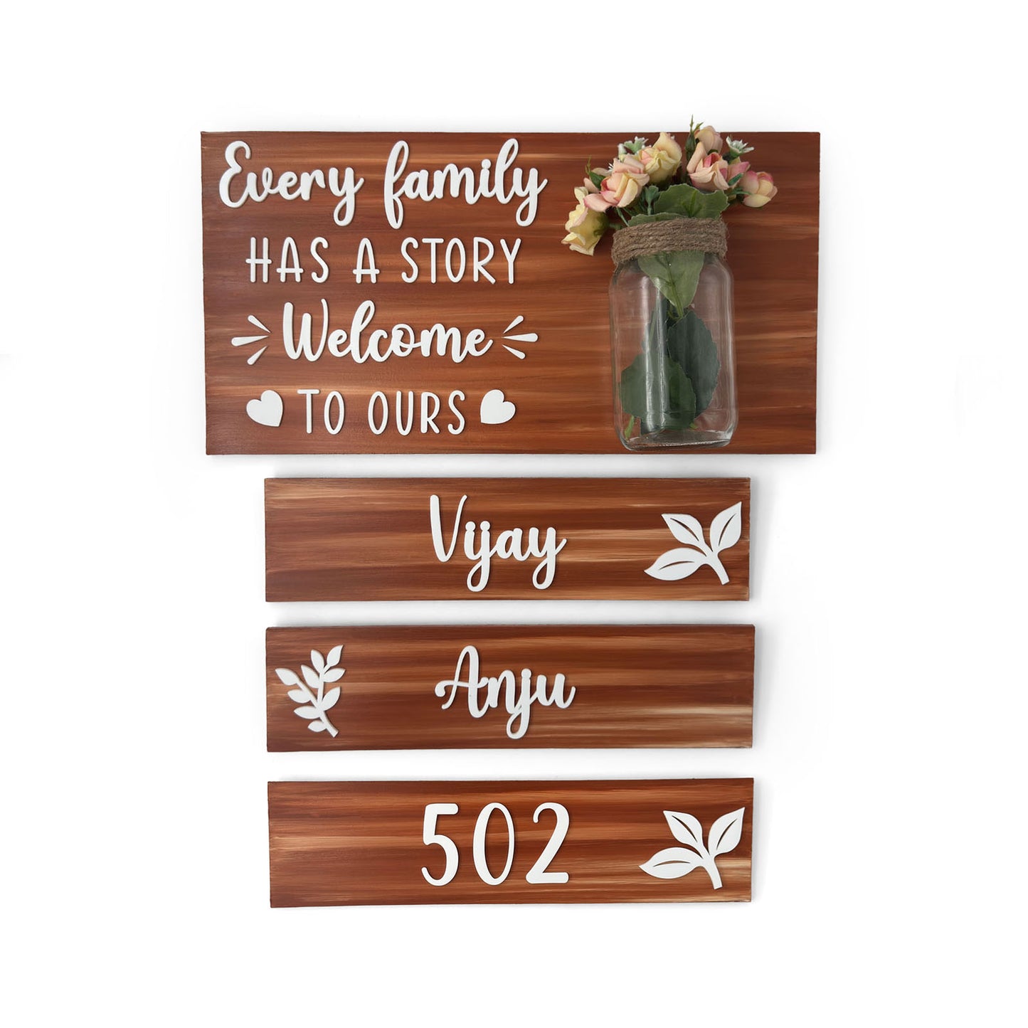 Every Family Has A Story Welcome To Ours Hand-Painted Wooden Name Plate With Jar For Home - Jar Board & Three Planks