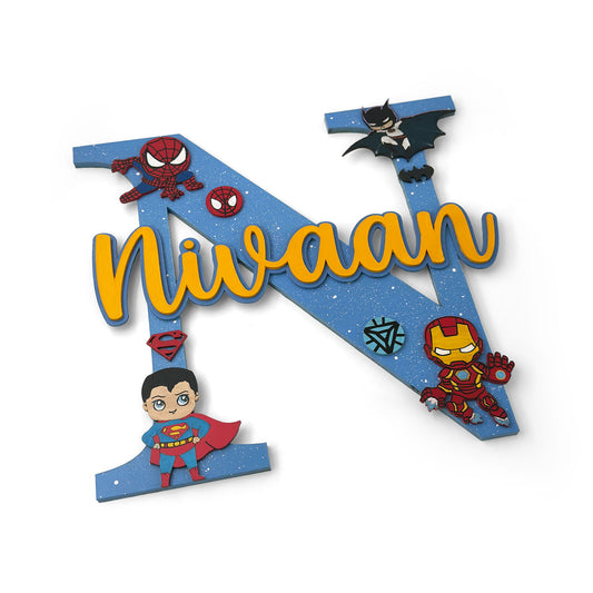 Superheroes Avengers Themed Layered Alphabet Initial Hand-Painted Wooden Kids Name Plate - Design 2