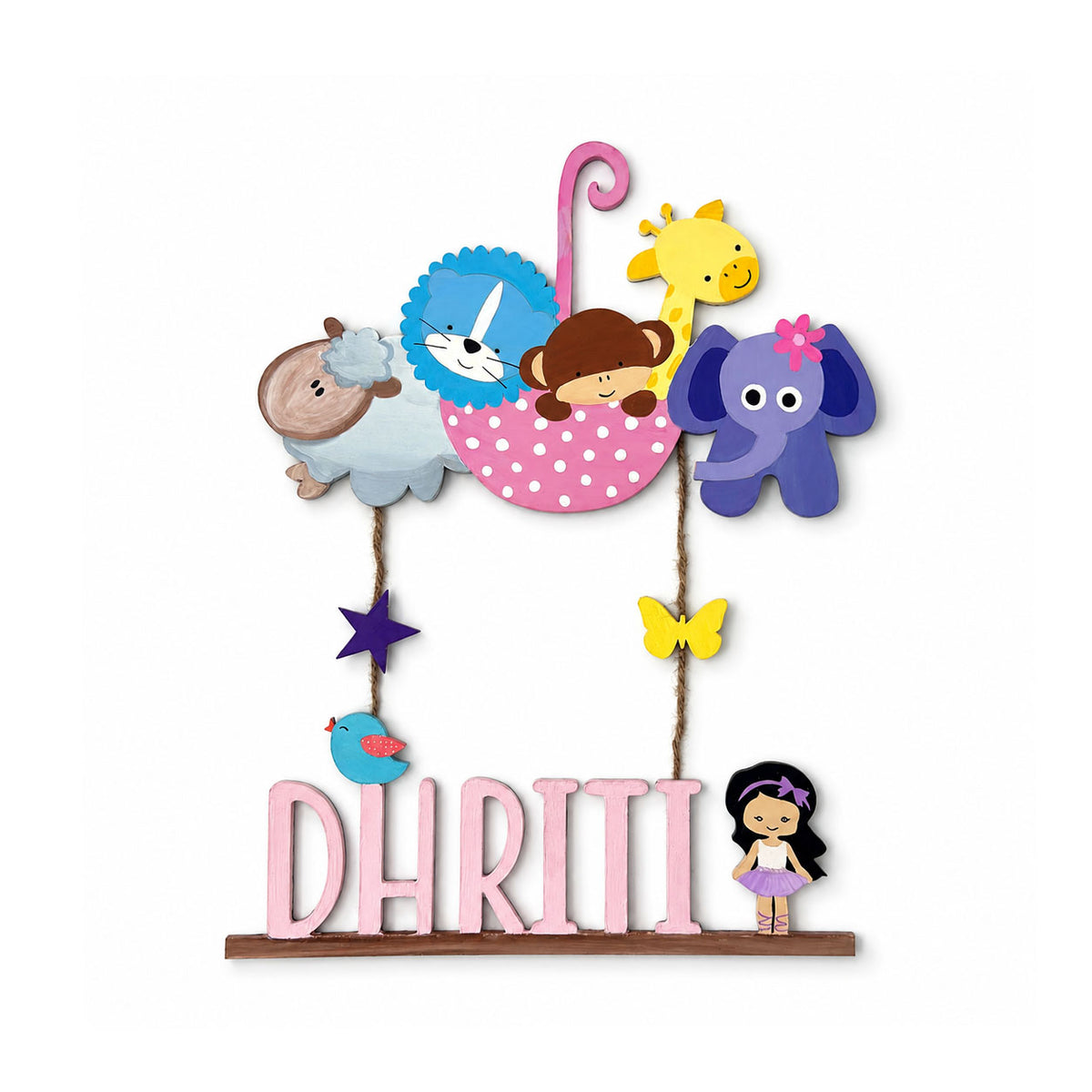 Animal Themed Hand-Painted Wooden Kids Name Plate - Design 5