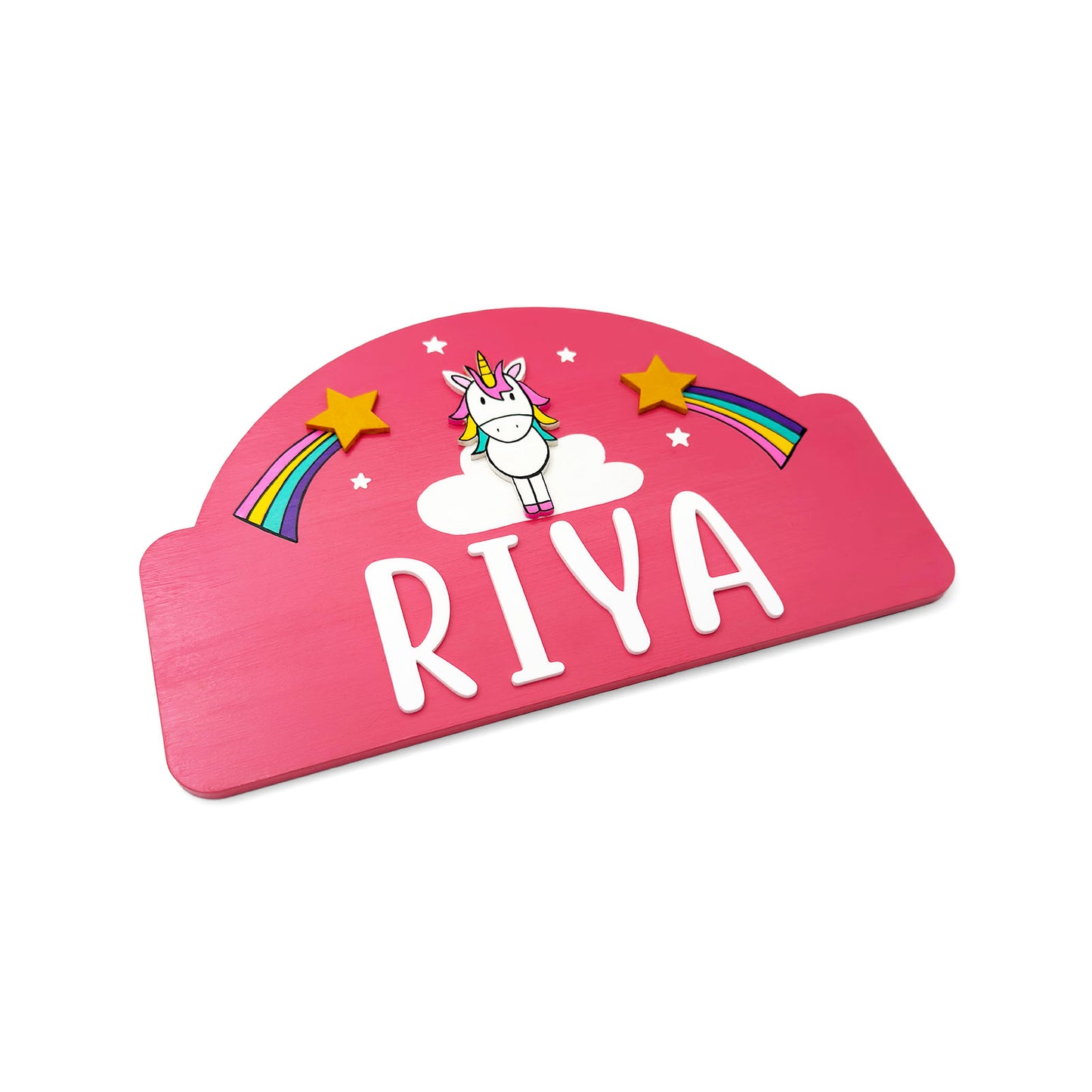 Unicorn Themed Hand-Painted Wooden Kids Name Plate -  Pink