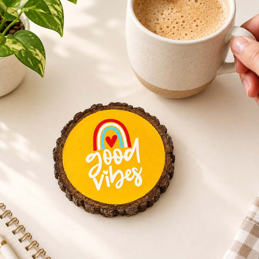 Good Vibes Hand-Painted Wooden Coaster- Yellow